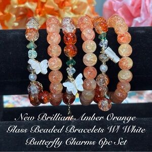 Brilliant Amber Orange Glass Beaded Bracelet Set W/White Butterfly Charms 6pc